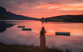 Woman hill lake sunset mountains - anna findlay free wallpaper
