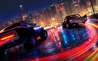 Night city cars neon traffic - a couple of cars free wallpaper