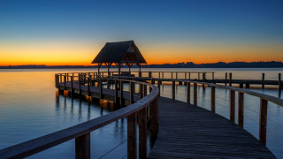 Sunset gazebo dock lake mountain - a gazebo free wallpaper