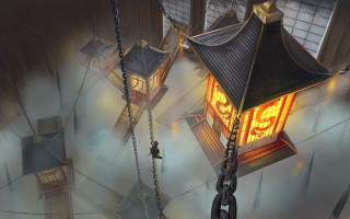 Skyhouse chains pagoda fantasy architecture - chain free wallpaper