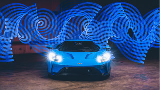 Blue sports car lighted wall - headlight free wallpaper