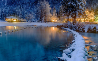 Lake snowy trees building night - a lake free wallpaper for desktop