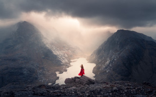 Woman red dress mountain sky - a mountain top free wallpaper