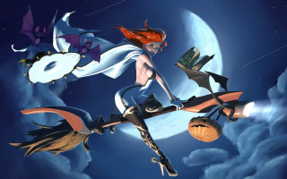 Witch broom flying fullmoon halloween - a full moon free wallpaper for desktop