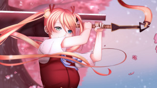 Long haired girl sword bow - long hair holding free wallpaper