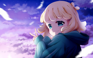 Blonde girl blue dress cloudy - a purple sky behind her free wallpaper