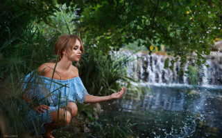 Woman blue dress waterfall nature - nature free wallpaper