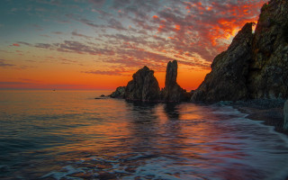 Sunset ocean rocks boat mystical - the water near free wallpaper for desktop