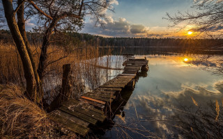 Wooden dock lake sunset autumn - the sun setting free wallpaper for desktop
