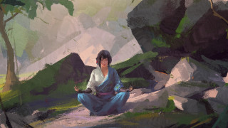 Woman forest mountain kimono sitting - plein air free wallpaper