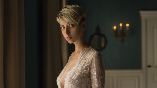 Woman white dress blue wall 2 - chernik free wallpaper