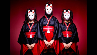 Masked figures red kimono oni - three person free wallpaper