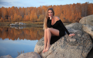 Woman lake rock trees clouds - a rock next free wallpaper