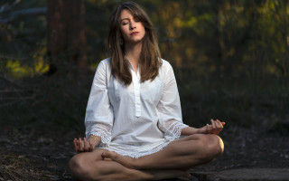Woman forest meditation centered photorealistic - new objectivity free wallpaper