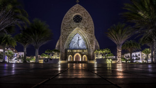 Clocktower palmtrees nightfireworks aurora galaxy - orphism free wallpaper