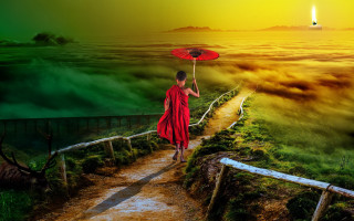 Woman red dress umbrella beach - a light house in the distance free wallpaper