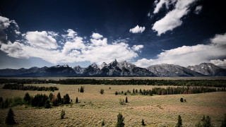 Field mountain range clouds trees - a mountain range in the background free wallpaper