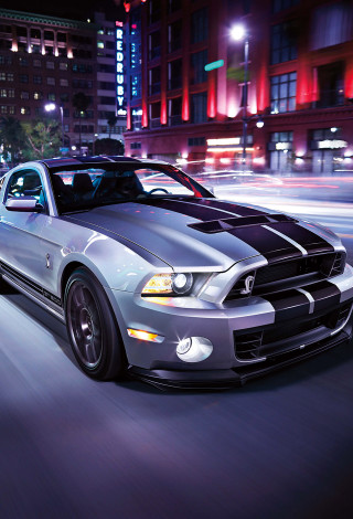 Silver mustang city street night - free cars wallpaper for mobile