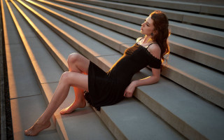 Elegant woman stairs blackdress barefeet - a black dress and heels free wallpaper