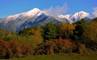 Mountain range snow trees blue 3 - free autumn wallpaper for desktop