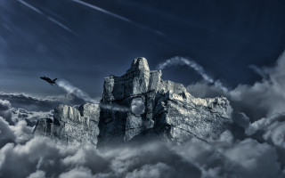 Bird mountain clouds plane castle - over a mountain free wallpaper