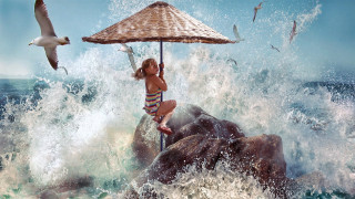 Woman jumping ocean parasol seagulls - david lachapelle free wallpaper for desktop