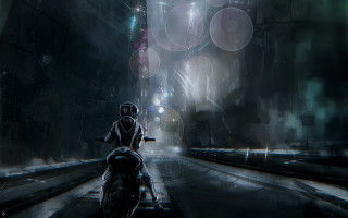 Motorcycle night astronaut city lights - cedric peyravernay free wallpaper