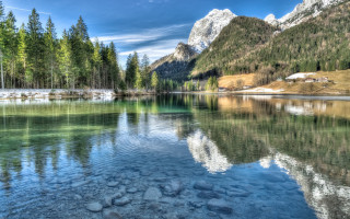 Mountain lake forest sky clouds 4 - mountain and trees free wallpaper