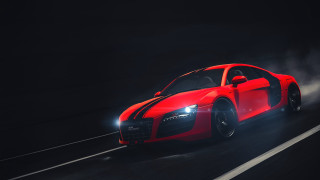 Red car smoking dark road - headlight free wallpaper