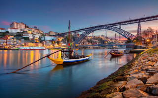 Boat bridge city sunset mountain - almada negreiro free wallpaper
