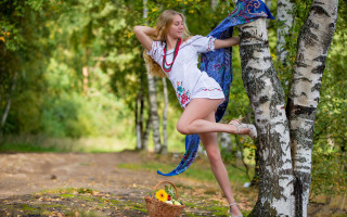 Woman dancing white dress forest - a blue scarf free wallpaper