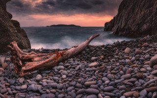 Rocky beach log ocean sunset - a log free wallpaper