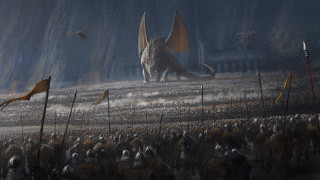 Large dragon crowd forest flags - art greg rutkowski free wallpaper