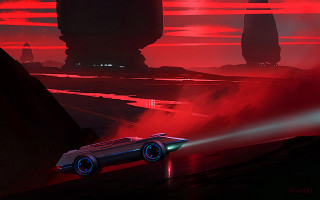 Futuristic car red black landscape - outrun free wallpaper for desktop