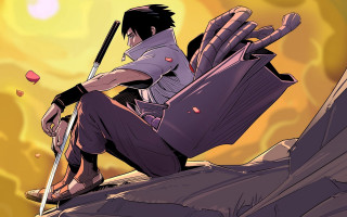 Man sitting rock sword sunset - his hand and a sky background free wallpaper