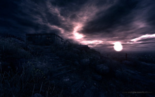 Dark landscape house hill cloudy - dramatic cinematic lighting free wallpaper