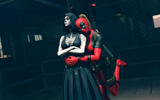 Woman black dress hugging deadpool - a deadpool character free wallpaper