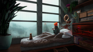 Cat bed room window fox - art station free wallpaper