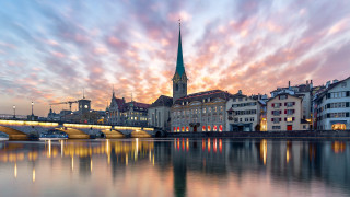 Sunset city bridge church river - kitsch movement free wallpaper