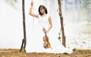 Woman white dress violin forest 2 - a foggy background free wallpaper