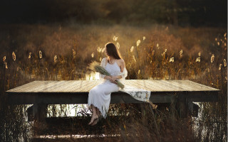 Woman dock flowers sunbeam nature - a sunbeam in the background free wallpaper