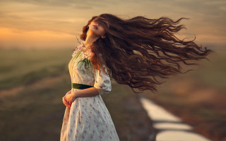 Woman longhair dress flower beach - anka zhuravleva free wallpaper