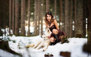 Woman snow dog forest fashion - the snow free wallpaper for desktop