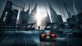 Futuristic city car bridge man - a car driving free wallpaper