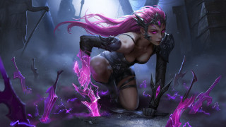 Pink haired woman mask kneeling - a dark alley free wallpaper for desktop