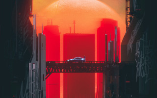 Car bridge sunset graffiti retrofuturism - solarpunk free wallpaper for desktop