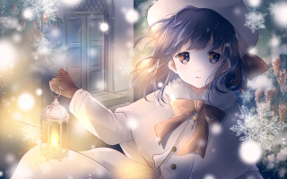 Woman white dress hat lantern - a snowy scene free wallpaper