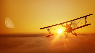 Sunset plane clouds mountain ocean 2 - a half moon free wallpaper