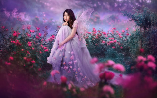 Purple dress woman flower butterfly - dreamlike free wallpaper