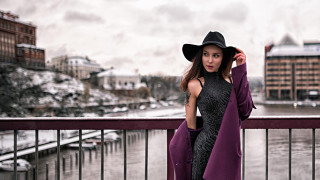 Woman hat purple coat balcony - fashion photoshoot free wallpaper